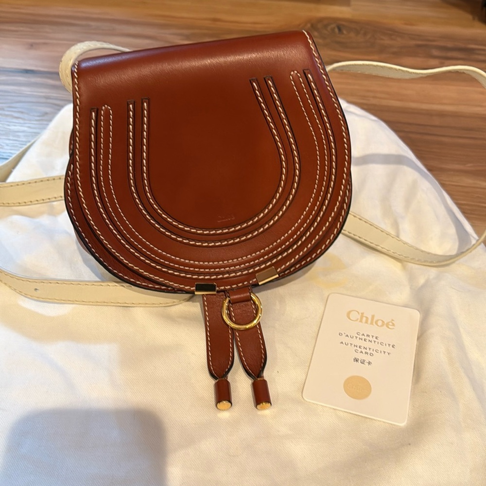 Chloé Mini Marcie Crossbody Saddle Bag in Brown with Cream Strap